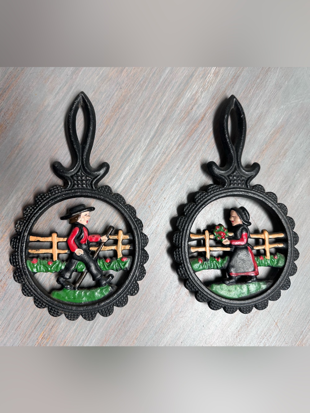 Vintage Dalecraft Black Cast Iron Trivets with Amish Man and Women